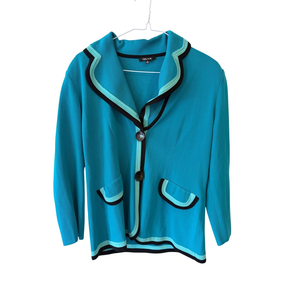 Misook Turquoise Blue Knit Blazer Jacket Black Mint Trim Womens Small